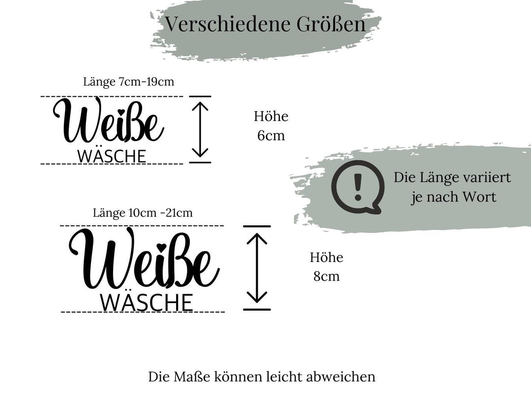 Sticker Weißwäsche mit Maßangabe und Anwendungshinweis