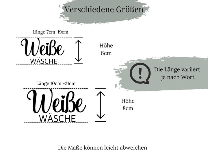 Sticker Weißwäsche mit Maßangabe und Anwendungshinweis
